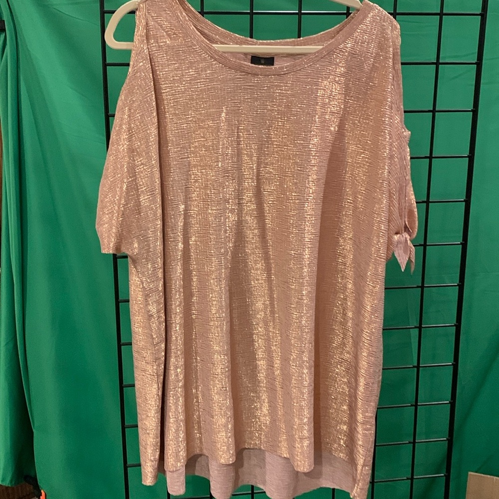 Rose gold shimmery, cold shoulder, short sleeve blouse, 2X
